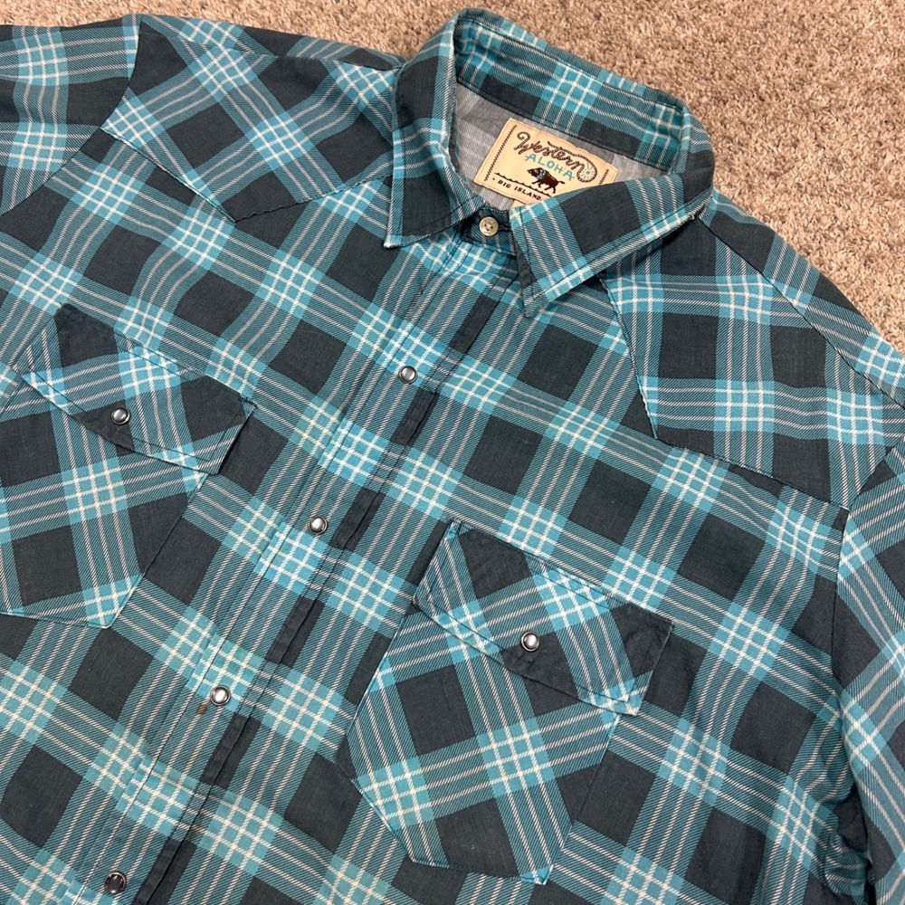 Western Aloha‎ Shirt XXL Teal Plaid Pearl Snap Short Sleeve Western Made in USA